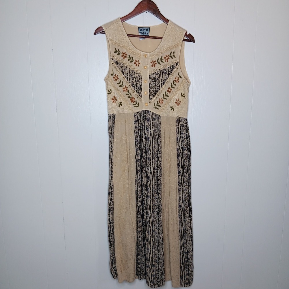 VTG M.P.H. Maxi Dress Womens Size L Beige Black Floral Embroidered Grunge Boho
